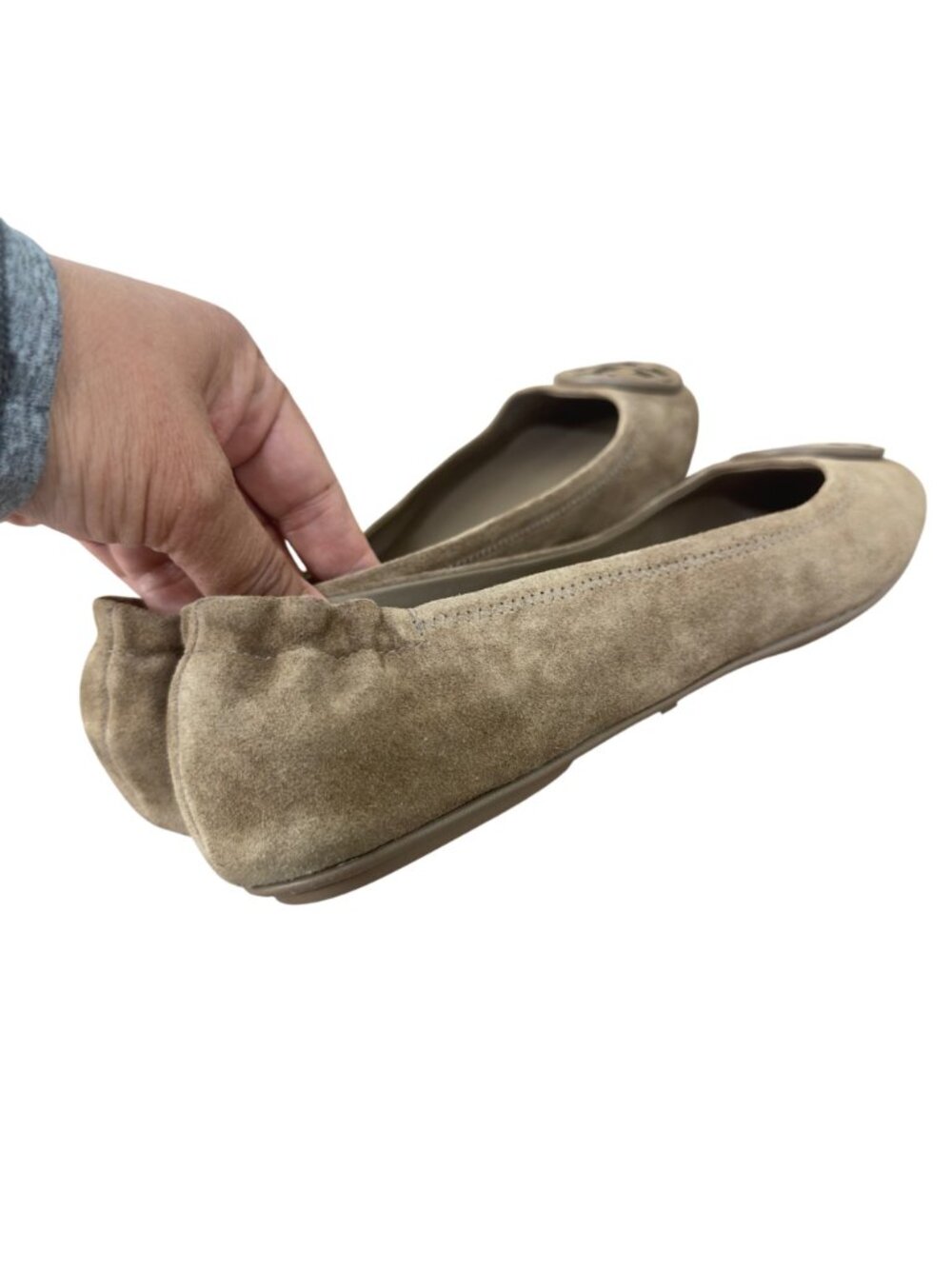 Tory Burch Minnie Travel Suede Ballet Flats Beige Logo Detail Women Size 9.5M - Picture 8 of 16